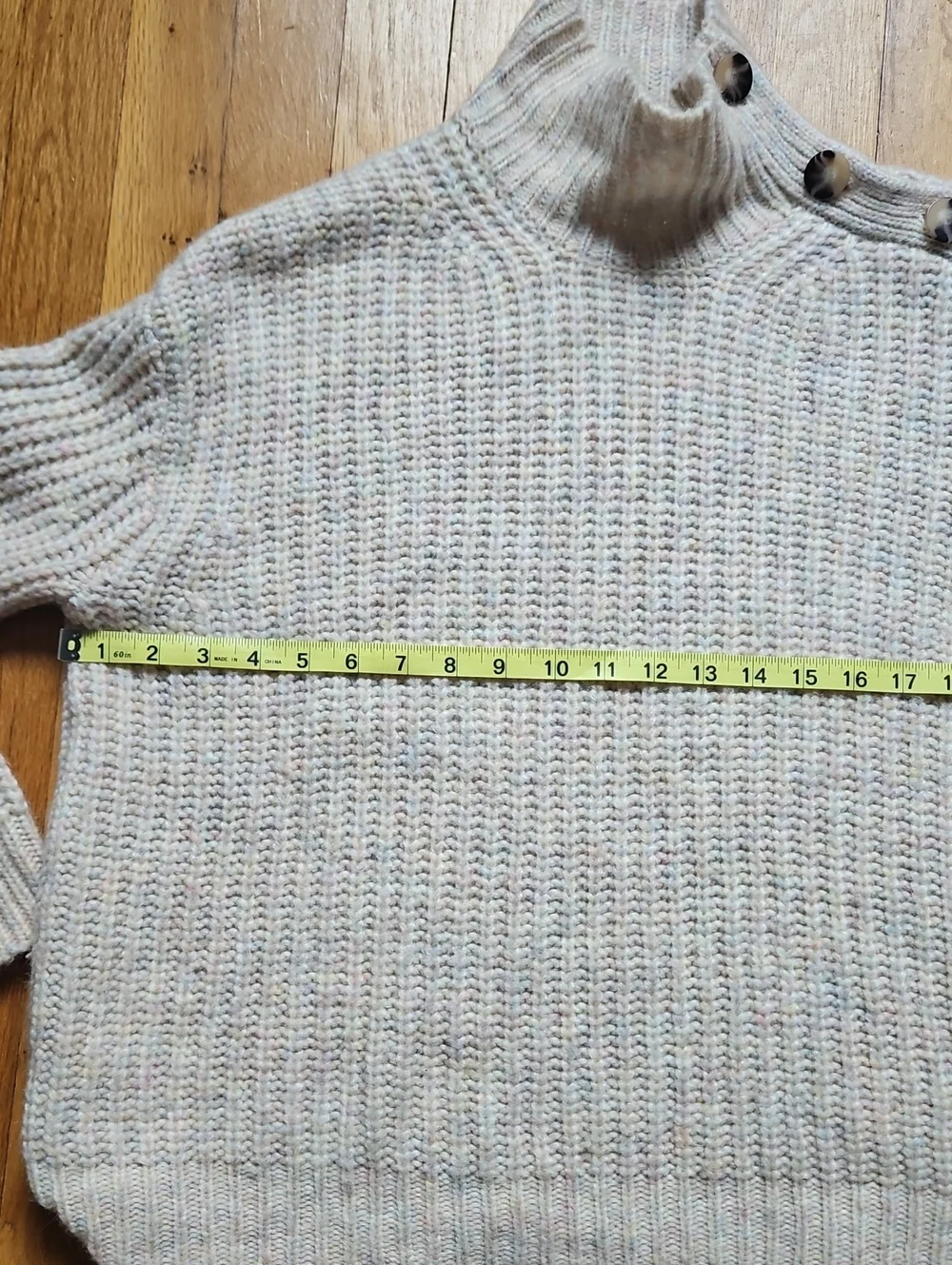 J. Crew Cream Wool Alpaca Wide Button High Neck Mottled Green And Pink Sweater